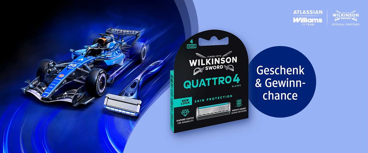 Blauer Formel-1-Rennwagen links, mittig eine schwarze Verpackung Wilkinson Sword Quattro4 Rasierklingen (Aufdruck „Quattro4“, „Skin Protection“, „4 blades“) und rechts blauer Kreis mit weißer Schrift „Geschenk & Gewinnchance“. Bild mithilfe von KI erstellt