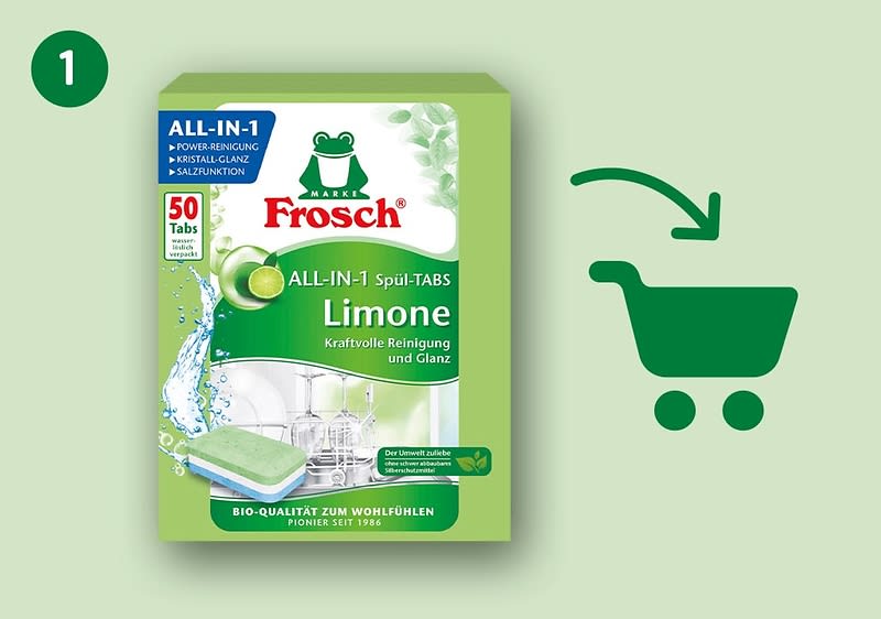 Packung Frosch All-in-1 Spül-TABS Limone, grün-weiße Kartonverpackung mit Markenlogo, Hinweis „50 Tabs“, Aufschrift „All-in-1 Spül-TABS Limone Kraftvolle Reinigung und Glanz“ und Bild eines Tabs sowie Spülgeschirrs; rechts grünes Einkaufswagensymbol mit Pfeil
