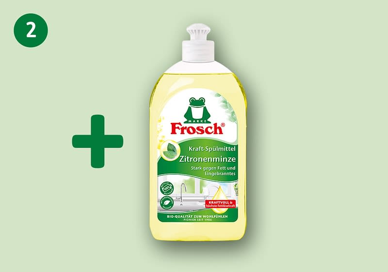 Zwei, grünes Pluszeichen und eine gelbe Flasche Frosch Spül-Gel Zitronenminze, sichtbare Aufschrift „Frosch“, „Spül‑Gel Zitronenminze“, Dosierflasche mit weißer Klappkappe