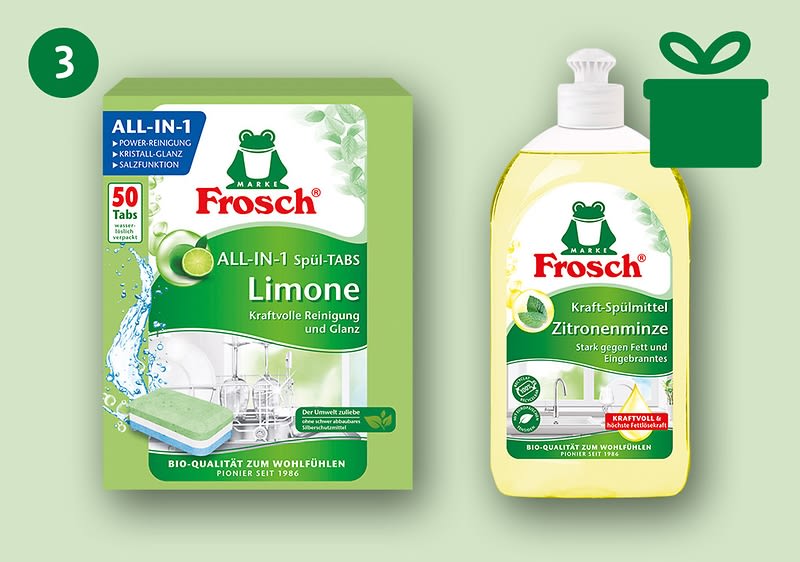 Zwei Frosch-Spülprodukte vor hellgrünem Hintergrund: links Verpackung mit 50 All-in-1 Spül-TABS „Limone“ in grün-weißem Design, rechts gelbliches Spül-Gel „Zitronenminze“ mit Frosch-Logo und Dosierverschluss