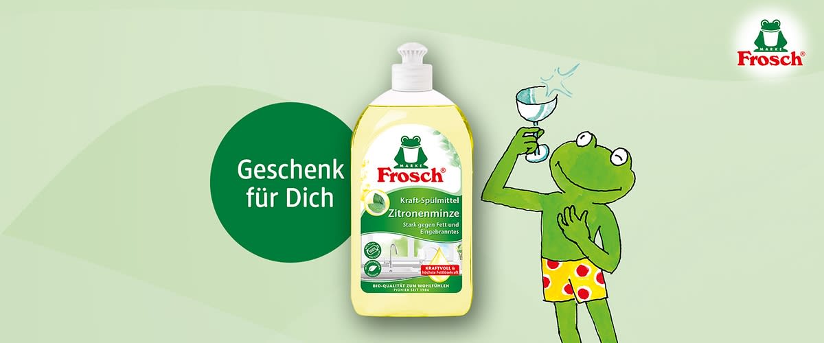 Flasche Spül-Gel von Frosch, Sorte Zitronenminze, gelbe Verpackung mit Frosch-Logo; links grüner Kreis mit weißer Aufschrift „Geschenk für Dich“; rechts Illustration eines grünen Frosches mit Cocktailglas und bunten Badehosen