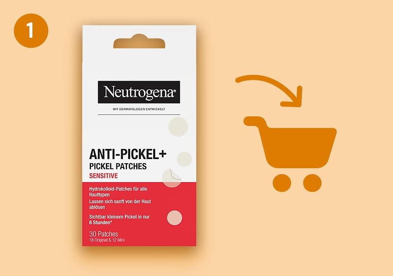 Verpackung Neutrogena Anti-Pickel+ Pickel Patches Sensitive, weiße und rote Packung mit Markenlogo, Produktbeschreibung und Hinweis „30 Patches“ neben Einkaufswagen-Symbol mit Pfeil