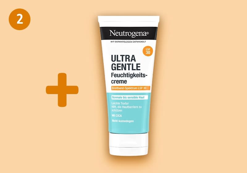 Neutrogena Ultra Gentle Feuchtigkeitscreme in Tubenverpackung mit Aufschrift „Breitband-Spektrum LSF 30“, türkis-weißes Design und Markenlogo oben, daneben ein oranges Pluszeichen