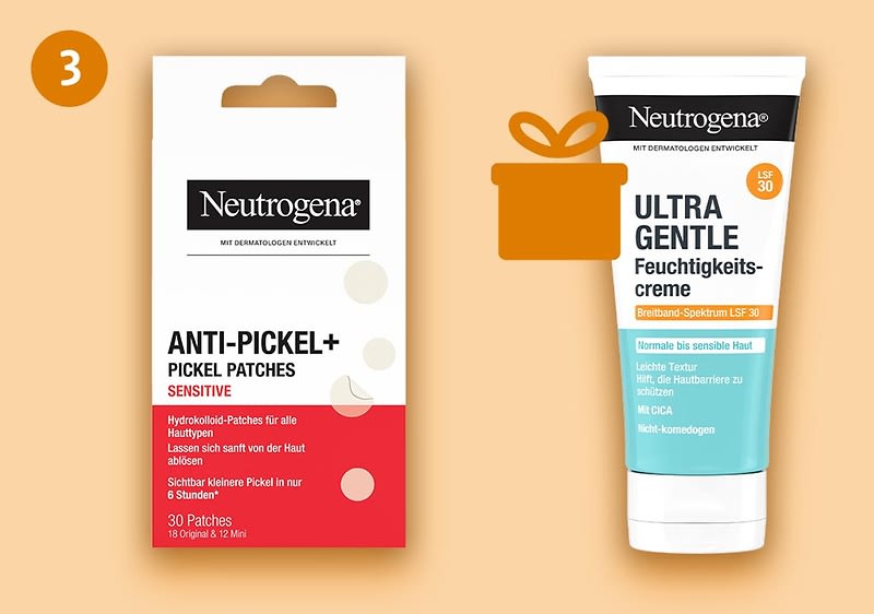Zwei Neutrogena-Produkte nebeneinander: links Packung „Anti-Pickel+ Pickel Patches Sensitive“ (30 Patches), rechts Tube „Ultra Gentle Feuchtigkeitscreme LSF 30“ in weiß-türkis gestaltet