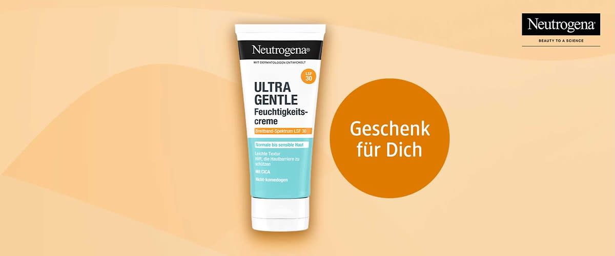 Neutrogena-Logo oben rechts und orangefarbener Kreis mit weißer Schrift „Geschenk für Dich“ auf beige Hintergrund