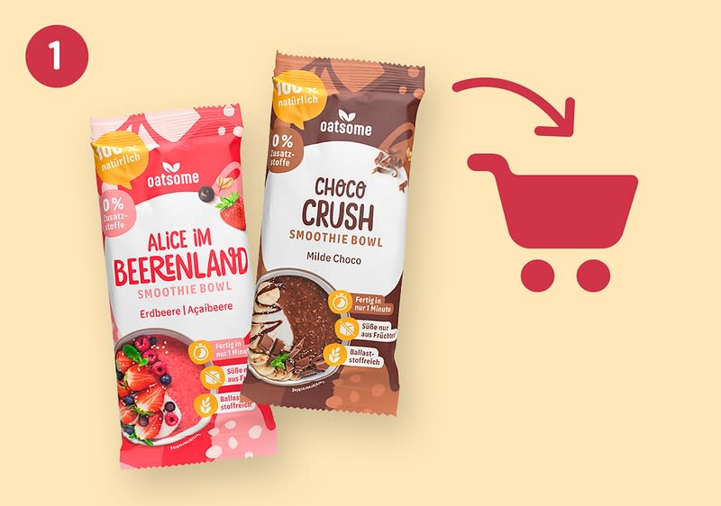 Drei Beutel oatsome Bowl Pulver zeigen auf Einkaufswagen-Symbol.