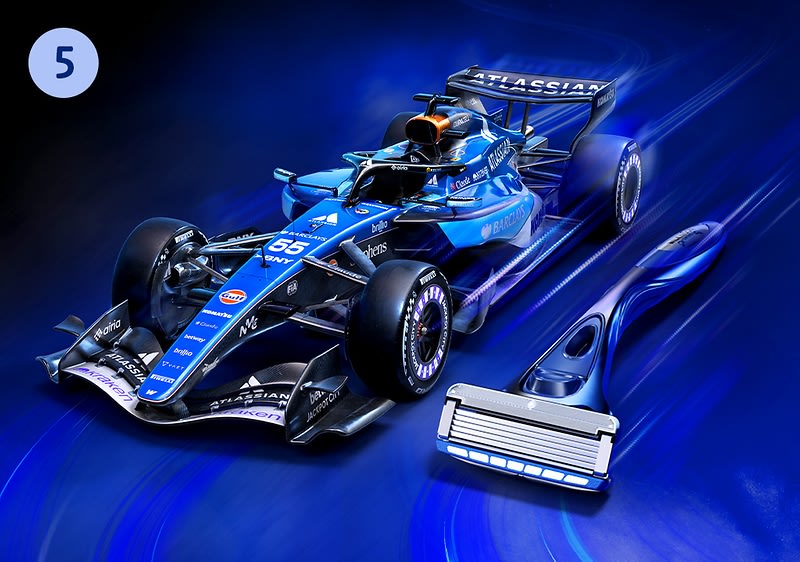 Rennauto im Formel‑1‑Stil in Blau neben einem blauen Rasierer, beide vor dynamischem blauem Hintergrund, kleine runde Zahl „5“ oben links. Bild mithilfe von KI erstellt