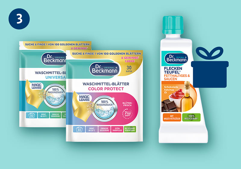 Drei Dr. Beckmann-Produkte vor türkisfarbenem Hintergrund: links eine Packung Waschmittel-Blätter „Universal“ mit türkis-gelbem Design, Mitte eine Packung Waschmittel-Blätter „Color Protect“ mit weiß-türkisem und pinken Akzenten, rechts eine weiße Flasche Flecken-Teufel für fettähnliche Saucen mit türkiser Kappe und Bild von Schokolade und Öl auf dem Etikett