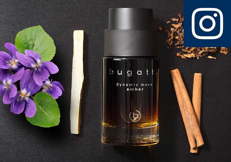 schwarze Glasflasche Parfum „bugatti dynamic move amber“ mittig, links Veilchenblüten und Holzstab, rechts Zimtstangen und Tabakblätter auf dunklem Grund