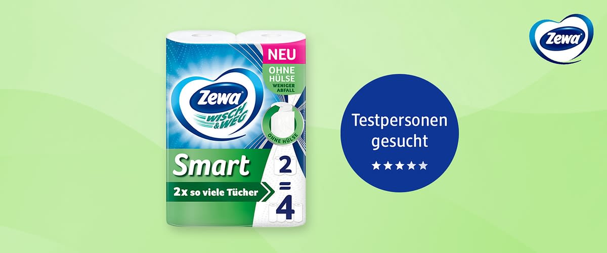 Zewa Wisch & Weg Smart Haushaltstücher Verpackung mit Aufschrift „Smart“, Hinweis „NEU OHNE HÜLSE weniger Abfall“, Symbol „2 = 4“, Text „2x so viele Tücher“ und daneben blauer Kreis mit Text „Testpersonen gesucht“