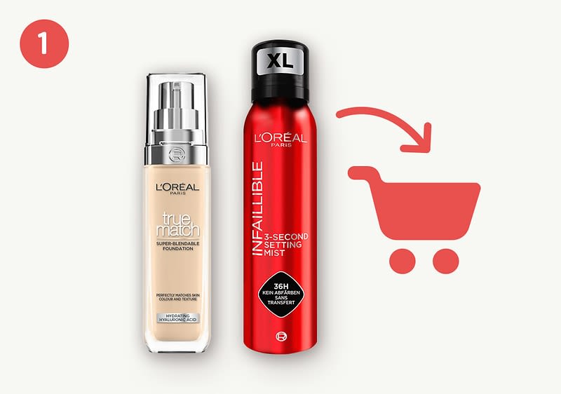 Zwei L'OrĂ©al-Produkte nebeneinander: links True Match flĂŒssiges Make-up in Glasflasche mit Pumpspender, rechts rote Spraydose L'OrĂ©al Infallible 3-Second Setting Mist mit Aufschrift âXLâ und Einkaufswagen-Symbol mit Pfeil nach rechts