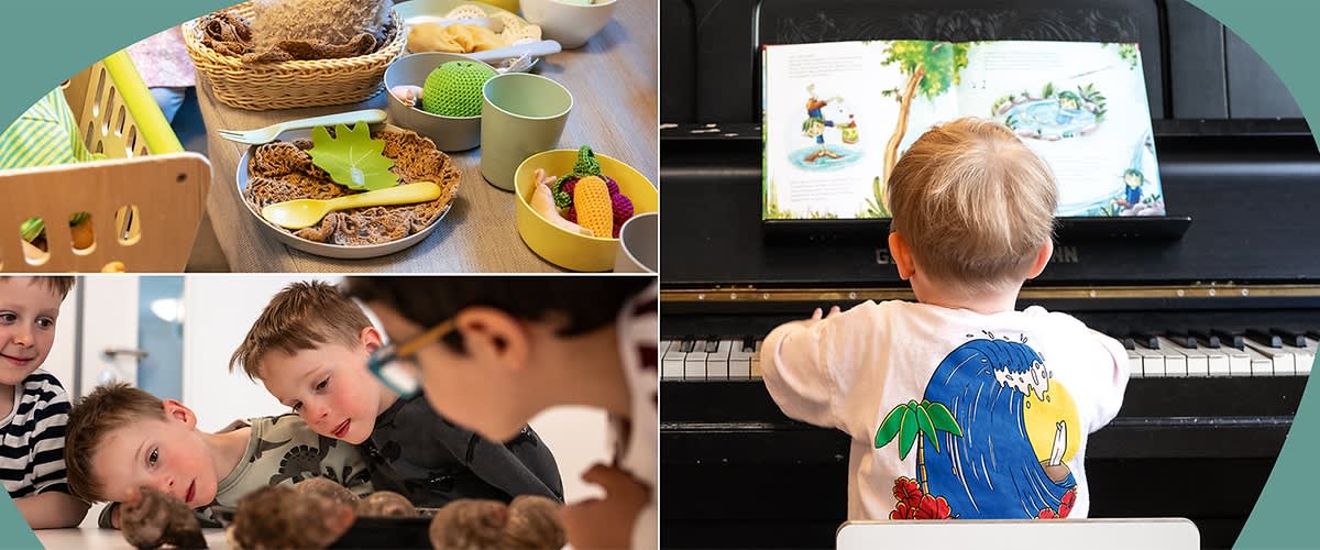 Drei Motive: links oben zwei Jungen betrachten Steine auf einem Tisch, links unten Teller mit Frühstückszutaten und Schälchen, rechts ein kleiner Junge sitzt mit dem Rücken zur Kamera am Klavier und sieht in ein aufgestelltes Bilderbuch
