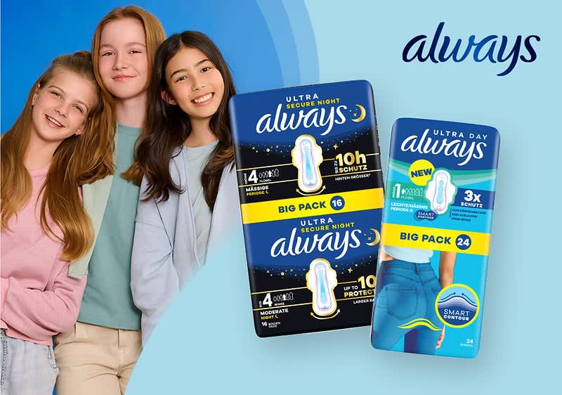 Drei lächelnde Mädchen stehen links nebeneinander, rechts zwei Always Damenbinden-Packungen: links eine schwarze „Ultra Secure Night always“ Big Pack 16 mit Aufschrift „10h Schutz“, rechts eine blaue „Ultra Day always“ Big Pack 24 mit Aufschrift „3x Schutz“, oben rechts das Logo „always“
