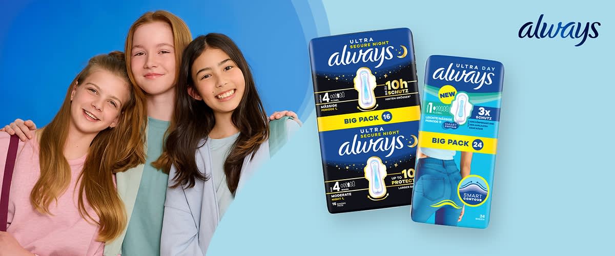 Drei lächelnde Mädchen stehen links nebeneinander, rechts zwei Always Damenbinden-Packungen: links eine schwarze „Ultra Secure Night always“ Big Pack 16 mit Aufschrift „10h Schutz“, rechts eine blaue „Ultra Day always“ Big Pack 24 mit Aufschrift „3x Schutz“, oben rechts das Logo „always“