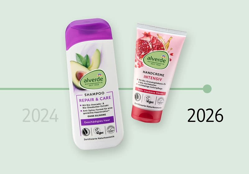 Produktvergleich mit alverde Repair-&-Care-Shampoo für geschädigtes Haar aus dem Jahr 2024 und alverde Intensiv-Handcreme für sehr trockene Hände aus dem Jahr 2026 auf einer Zeitachse.