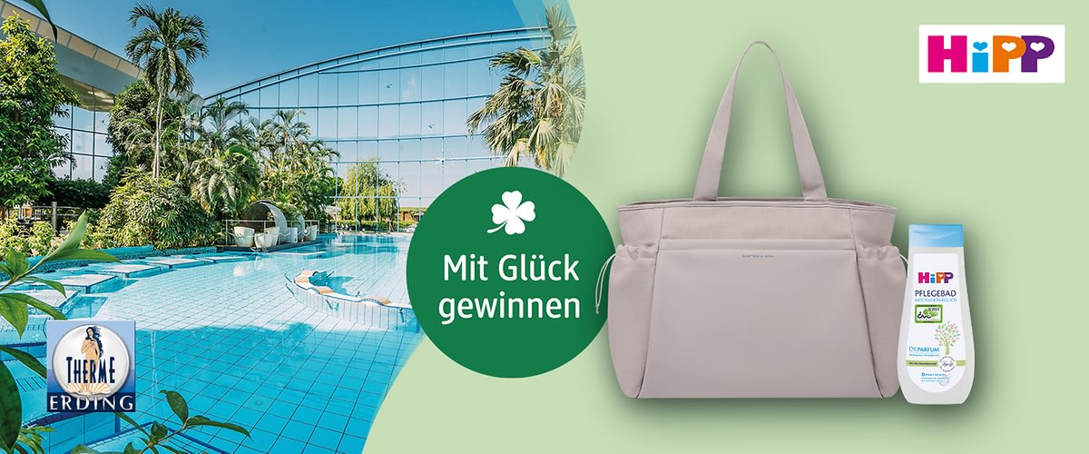 Werbegrafik mit HiPP-Logo oben rechts, links ein Hotelpool mit Palmen, mittig ein grüner Kreis mit Kleeblatt und Text „Mit Glück gewinnen“, rechts eine beige Wickeltasche