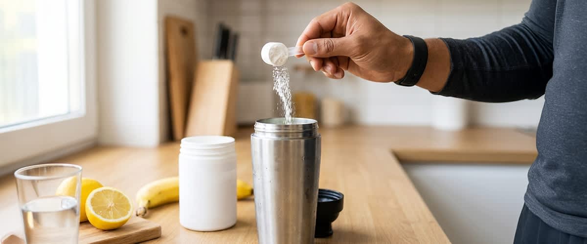 Hand mit schwarzem Armband streut mit einem Messlöffel weißes Pulver in einen offenen Edelstahl-Shaker, auf der Arbeitsfläche daneben eine weiße Dose, eine Banane und eine halbe Zitrone