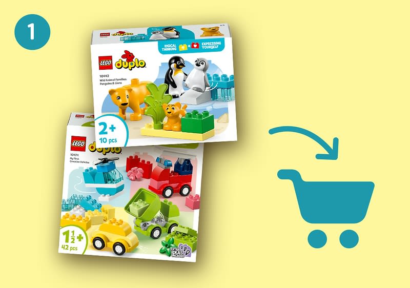 LEGO DUPLO Produkte zeigen auf Einkaufswagen-Symbol.