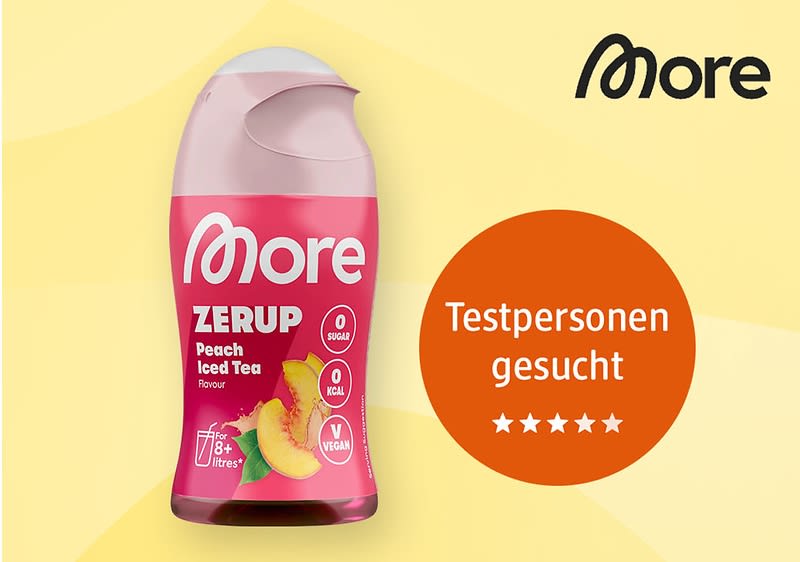 Bubble „Testpersonen gesucht“ mit Zerup Peach Iced Tea von More Nutrition