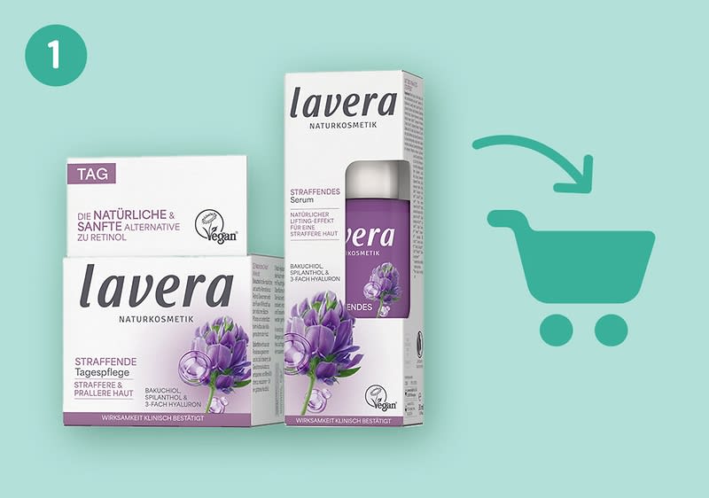 Zwei lavera Naturkosmetik-Produkte mit lila Etikett: links eine quadratische Verpackung für „Straffende Tagespflege“ mit Hinweis „Tag“ und Text „Die natürliche & sanfte Alternative zu Retinol“, rechts eine schlanke Verpackung für „Straffendes Serum“, daneben grünes Einkaufswagen-Symbol mit Pfeil