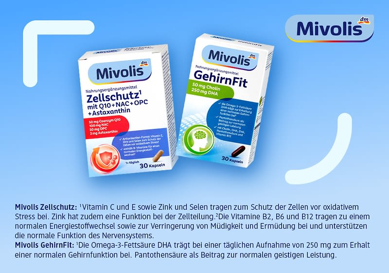 Zwei Mivolis Nahrungsergänzungsmittel-Verpackungen nebeneinander: links weiße Schachtel „Zellschutz mit Q10 + NAC + OPC + Astaxanthin“ (30 Kapseln) mit rotem Symbol, rechts weiße Schachtel „GehirnFit 50 mg Cholin 250 mg DHA“ (30 Kapseln) mit grünem Gehirn-Symbol auf blauem Verlaufshintergrund
