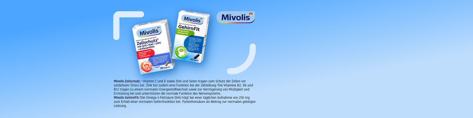Zwei Mivolis Nahrungsergänzungsmittel-Verpackungen nebeneinander: links weiße Schachtel „Zellschutz mit Q10 + NAC + OPC + Astaxanthin“ (30 Kapseln) mit rotem Symbol, rechts weiße Schachtel „GehirnFit 50 mg Cholin 250 mg DHA“ (30 Kapseln) mit grünem Gehirn-Symbol auf blauem Verlaufshintergrund