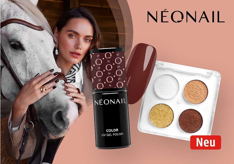 Werbefoto für Neonail Nagellack: links eine Frau streichelt ein weißes Pferd und zeigt dunkelrote lackierte Nägel, mittig eine schwarze Flasche Neonail Color UV Gel Polish mit Musterkappe und Farbprobe in Dunkelrot, rechts eine Lidschattenpalette mit vier gold- und bronzetönen und rotem „Neu“-Label, oben rechts Schriftzug NEONAIL