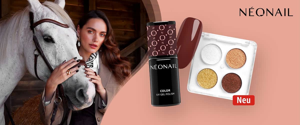 Werbefoto für Neonail Nagellack: links eine Frau streichelt ein weißes Pferd und zeigt dunkelrote lackierte Nägel, mittig eine schwarze Flasche Neonail Color UV Gel Polish mit Musterkappe und Farbprobe in Dunkelrot, rechts eine Lidschattenpalette mit vier gold- und bronzetönen und rotem „Neu“-Label, oben rechts Schriftzug NEONAIL