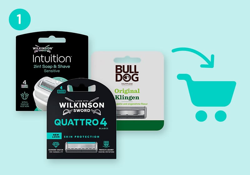 Drei Rasierklingen-Verpackungen nebeneinander: links Wilkinson Intuition 2in1 Soap & Shave Sensitive, vorne Wilkinson Sword Quattro4 Black mit Aufschrift „Skin Protection“, rechts Bulldog Original Klingen, rechts daneben türkises Einkaufswagen-Symbol mit Pfeil