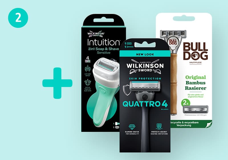 Drei Rasiererpackungen nebeneinander: links Wilkinson Intuition 2in1 Soap & Shave Sensitive mit grün-weißem Rasierer, mittig Wilkinson Sword Quattro 4 Skin Protection Einwegrasierer in schwarzer Packung, rechts Bulldog Original Bambus Rasierer mit braunem Griff und Aufschrift „2x“ auf weiß-grüner Verpackung