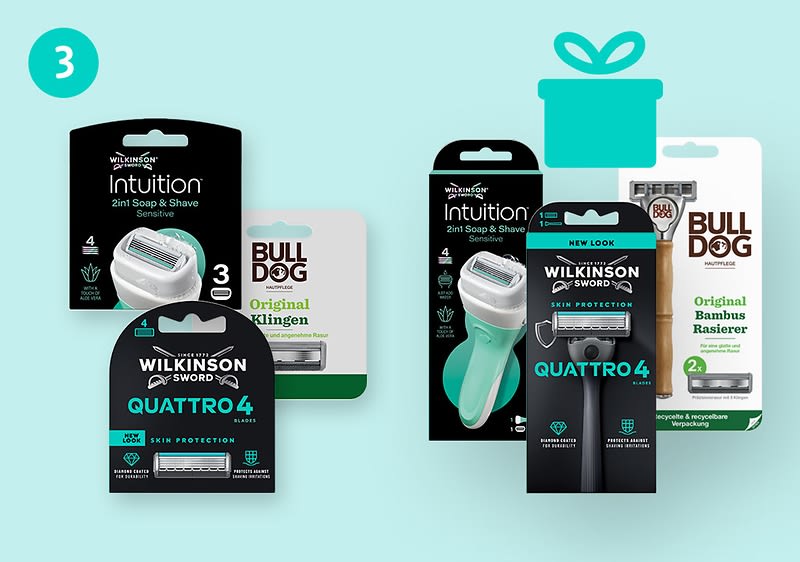 Mehrere Rasierprodukte auf hellblauem Hintergrund: links drei Packungen Wilkinson Sword Quattro4 Rasierklingen und eine Intuition 2in1 Soap & Shave Nachfüllpackung, rechts ein mintgrüner Wilkinson Quattro4 Rasierer mit Quattro4 Klingenpackung, eine Wilkinson Sword Quattro4 Nachfüllpackung und zwei Bulldog Original Klingenpackungen, oben rechts ein Geschenk-Symbol