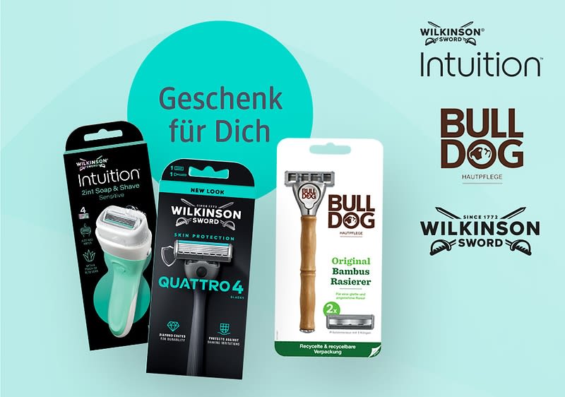 Drei Rasiererpackungen vor türkisem Hintergrund: links eine grün-weiße Wilkinson Intuition Einweg- bzw. Klingen-Box mit Griffabbildung, Mitte eine schwarze Wilkinson Quattro4 Austauschklingen-Verpackung, rechts eine weiße Verpackung mit braunem Holzgriff-Rasierer von Bulldog mit der Aufschrift „Original Bambus Rasierer“; oben rechts Markenlogos von Wilkinson, Intuition und Bulldog; in großer türkisfarbener Kreis der Text „Geschenk für Dich“