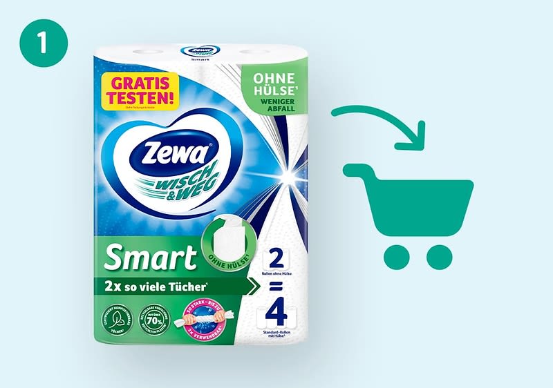 Zewa Wisch & Weg Smart Haushaltstücher im 2er Pack mit Aufdruck „NEU Ohne Hülse weniger Abfall“ und Symbolen zu 2x so viele Tücher sowie ein Einkaufwagen-Piktogramm