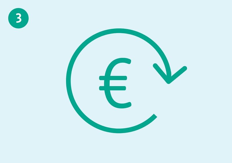 Grünes Euro-Zeichen in einem kreisförmigen Pfeil auf hellem Hintergrund, oben links kleiner grüner Kreis mit weißer Zahl 3