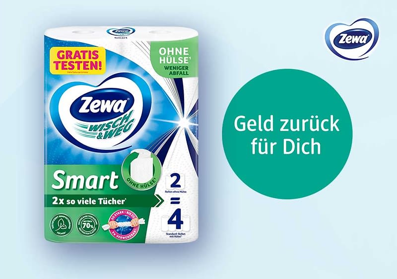 Verpackung Zewa Wischt & Weg Smart Haushaltstücher, hellblau-grünes Design mit Herzlogo, Aufschriften „NEU“, „OHNE HÜLSE“, „Smart“, „2x so viele Tücher“ und „Geld zurück für Dich“ in grünem Kreis