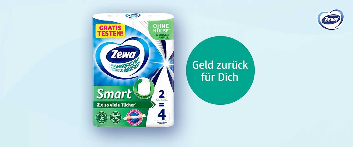 Verpackung Zewa Wischt & Weg Smart Haushaltstücher, hellblau-grünes Design mit Herzlogo, Aufschriften „NEU“, „OHNE HÜLSE“, „Smart“, „2x so viele Tücher“ und „Geld zurück für Dich“ in grünem Kreis