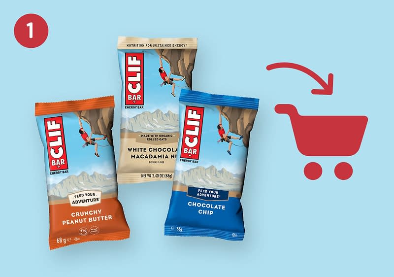 Clif Bar Energieriegel zeigen auf Einkaufswagen-Symbol.