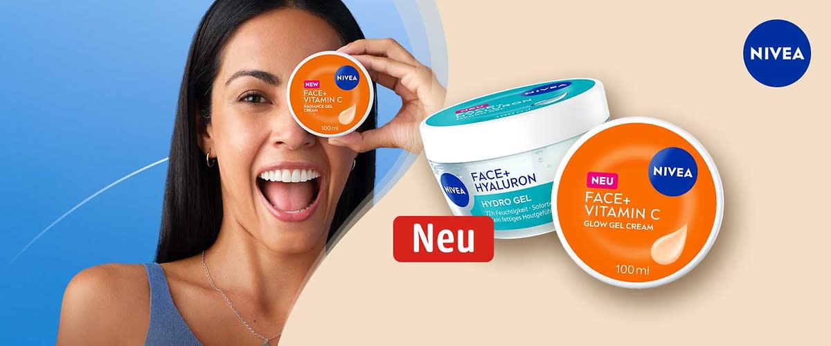 Zwei Nivea-Gesichtsgels in runden Dosen nebeneinander: links weiße Dose mit türkisblauem Etikett „Face+ Hyaluron Hydro Gel“, rechts orangefarbene Dose mit Aufschrift „Neu Face+ Vitamin C Glow Gel Cream 100 ml“ und Nivea-Logos