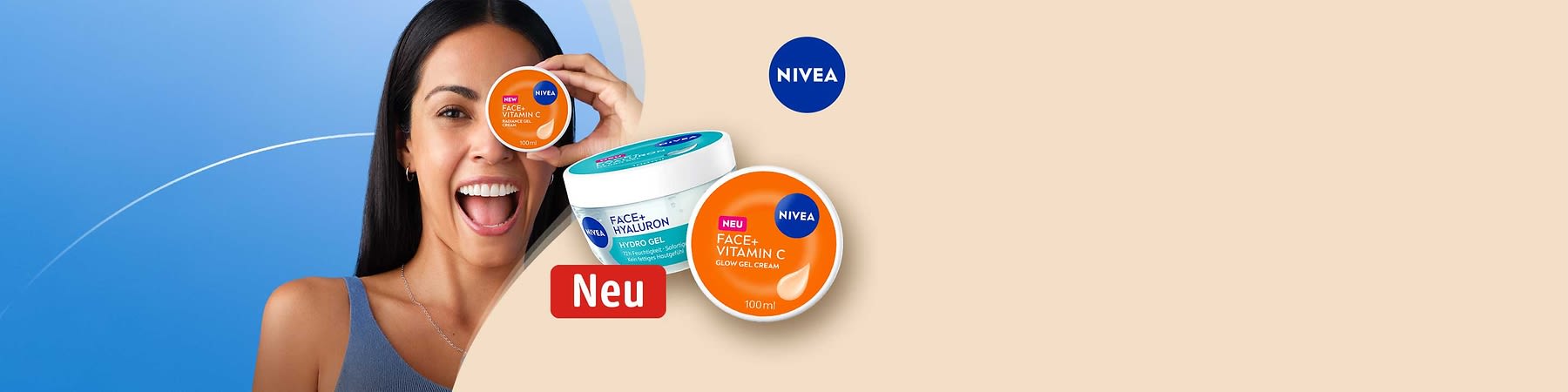 Zwei NIVEA-Gesichtscreme-Tiegel nebeneinander: links weißer Tiegel mit türkisem Etikett „FACE+ HYALURON HYDRO GEL“, rechts weißer Tiegel mit orangefarbenem Deckel und Aufschrift „NEU FACE+ VITAMIN C GLOW GEL CREAM 100 ml“, NIVEA-Logo oben rechts