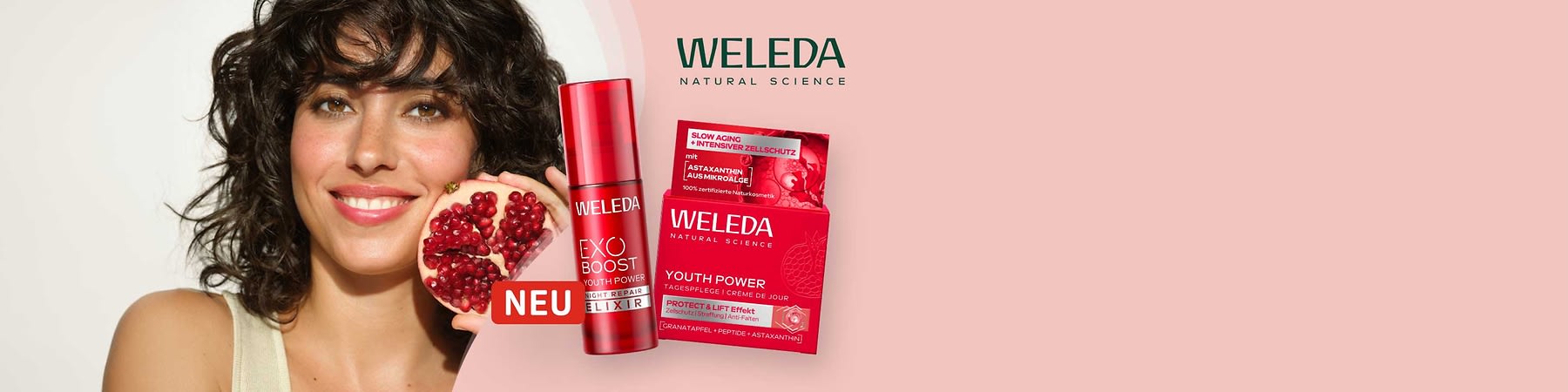Rote Weleda-Produktverpackungen: links rote Flasche mit Aufdruck „EXO BOOST YOUTH POWER NIGHT REPAIR ELIXIR“, rechts rote Schachtel mit Aufdruck „WELEDA YOUTH POWER TAGESPFLEGE / CRÈME DE JOUR“ und roter Hinweisbutton „NEU“