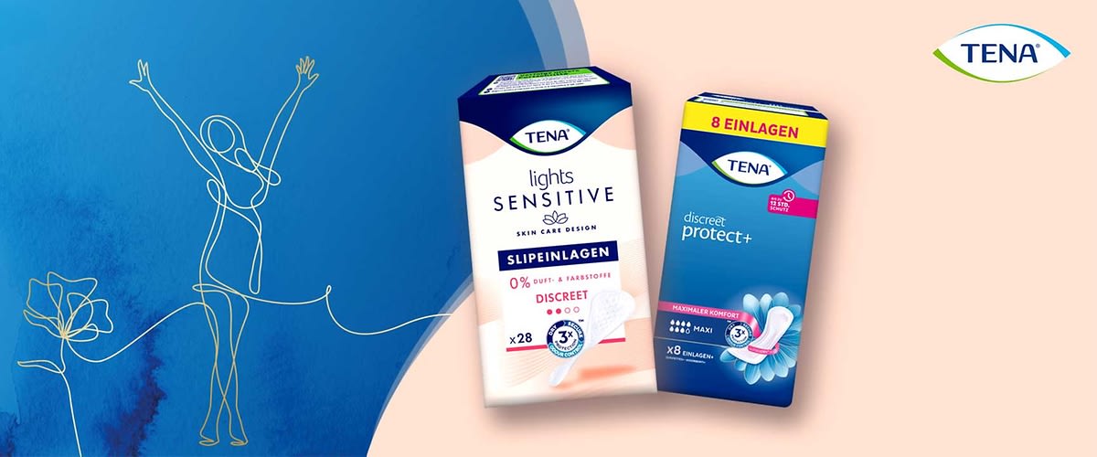 Zwei TENA-Produkte nebeneinander: links eine hellrosa-weiße Packung „TENA lights SENSITIVE Slipeinlagen“ mit Hinweis „0% Duft- & Farbstoffe“ und „x28“, rechts eine blaue Packung „TENA discreet protect+“ mit gelbem Banner „8 Einlagen“ und Abbildung einer Einlage, TENA-Logo oben rechts