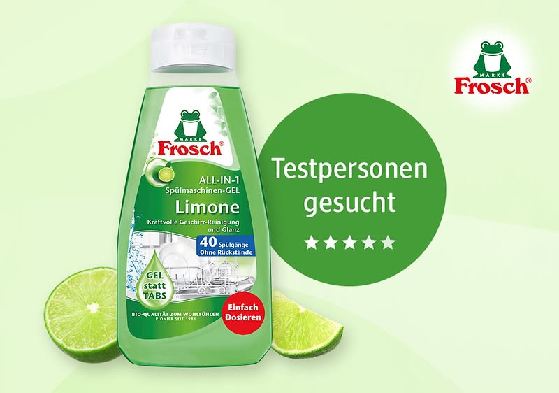 Bubble „Testpersonen gesucht“ mit Frosch Spül-Gel All-in-1 mit Limonenduft