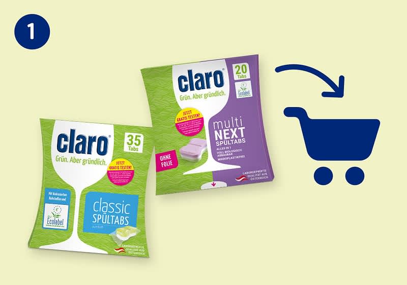 claro Classic Spültabs 35 Stück und claro multi Next Spültabs 20 Stück zeigen auf Einkaufswagen-Symbol.