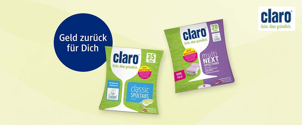 Bubble „Geld zurück für Dich" mit claro Classic Spültabs 35 Stück und claro multi Next Spültabs 20 Stück