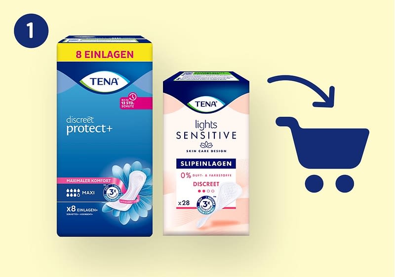 Zwei TENA Slipeinlagen-Packungen nebeneinander: links blaues Paket „TENA discreet protect+ 8 Einlagen Maxi“, rechts helles Paket „TENA lights Sensitive 28 Slipeinlagen“, daneben Einkaufwagen-Symbol mit Pfeil