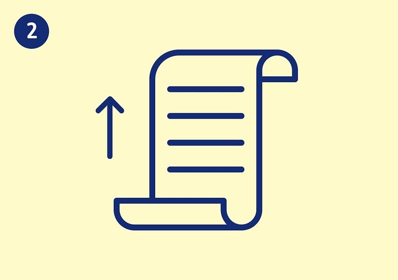 Blaues Icon einer aufgerollten Liste mit Linien und einem nach oben zeigenden Pfeil links, oben links ein blauer Kreis mit weißer Zahl 2