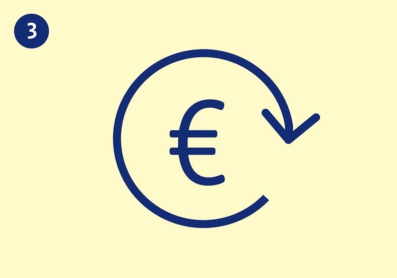 Blaues Euro-Symbol in einem geschlossenen Pfeilkreis auf gelbem Hintergrund, oben links kleiner blauer Kreis mit weißer Zahl 3