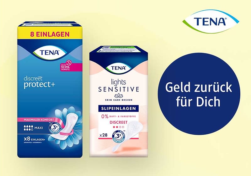 Zwei TENA Einlagenpackungen nebeneinander: links blaue Packung discreet protect+ 8 Einlagen mit Abbildung einer Einlage, rechts weiße/rosa Packung lights SENSITIVE SLIPELNAGEN 28 mit Hinweis 0% Duft & Farbstoffe, daneben blauer Kreis mit weißer Schrift Geld zurück für Dich