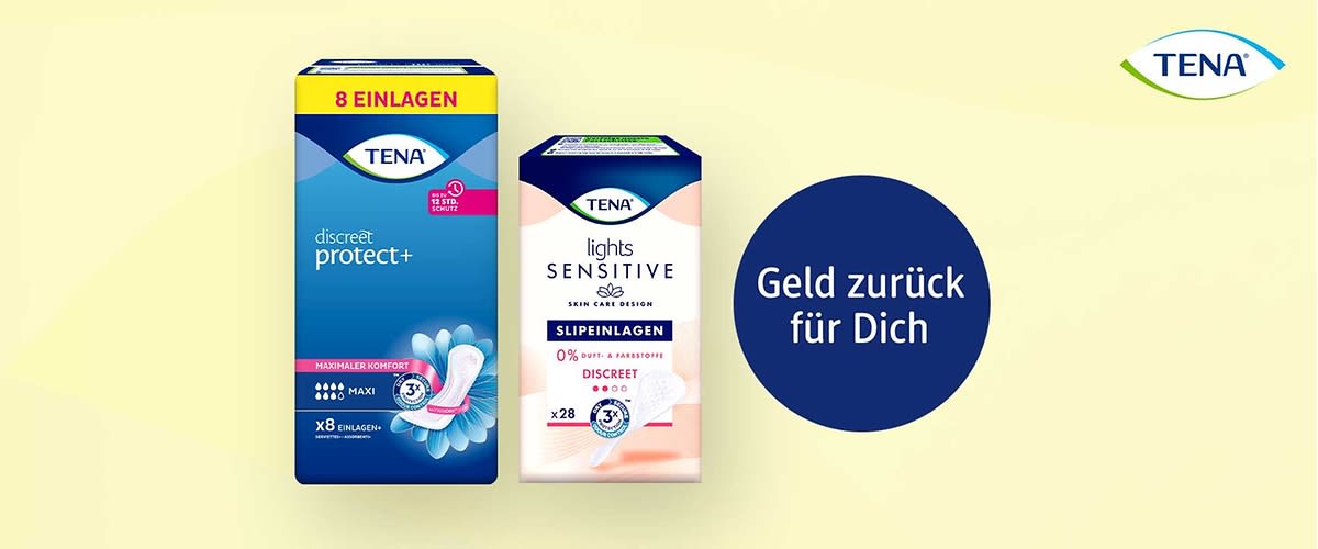 Zwei TENA Einlagenpackungen nebeneinander: links blaue Packung discreet protect+ 8 Einlagen mit Abbildung einer Einlage, rechts weiße/rosa Packung lights SENSITIVE SLIPELNAGEN 28 mit Hinweis 0% Duft & Farbstoffe, daneben blauer Kreis mit weißer Schrift Geld zurück für Dich