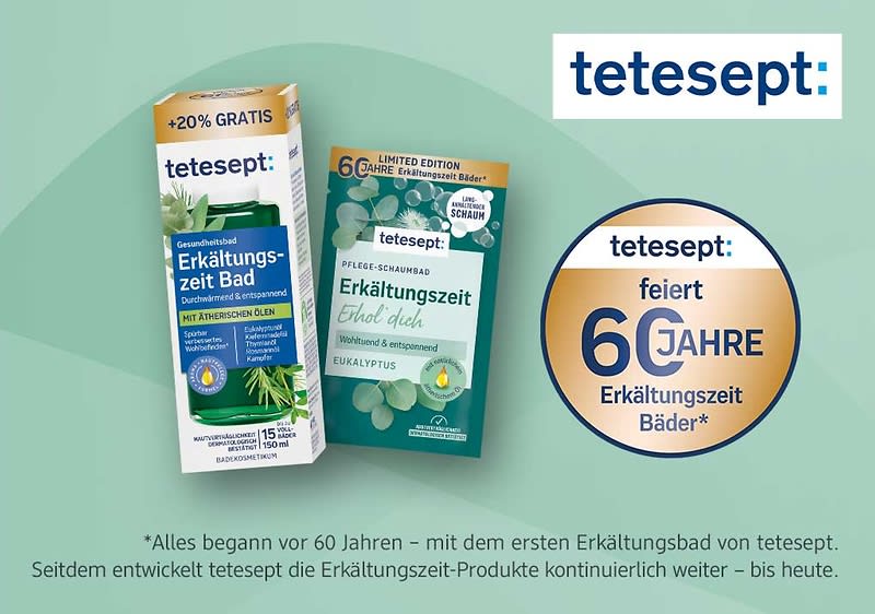 zwei Tetesept Erkältungszeit-Bad Verpackungen nebeneinander, rechts ein runder goldblauer Button mit Text „tetesept: feiert 60 Jahre Erkältungszeit Bäder“, oben rechts Tetesept-Logo und kleiner erläuternder Text zu 60 Jahren unter den Produkten